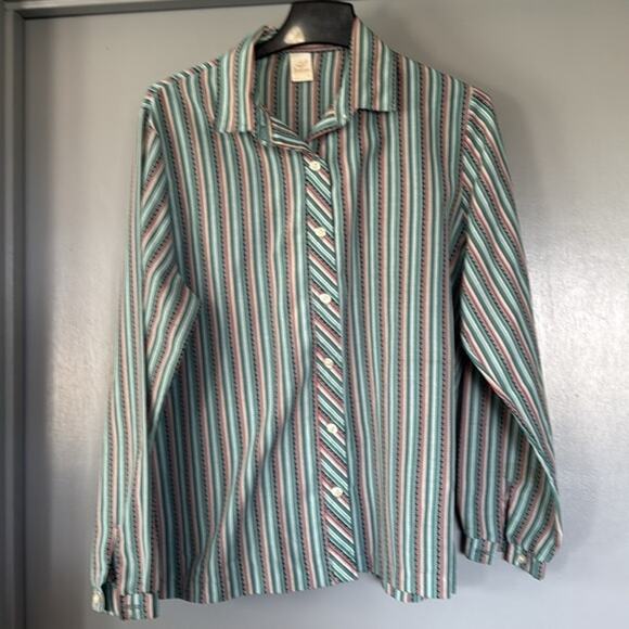 Jantzen sz 20 Green Striped Long Sleeved Women's Button Top Office - Picture 1 of 4